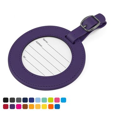 Picture of Round Luggage Tag with Clear Window to show details card. in Soft Touch Vegan Torino PU. 