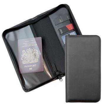 Picture of Zipped Travel Wallet in Black Belluno, a vegan coloured leatherette with a subtle grain.